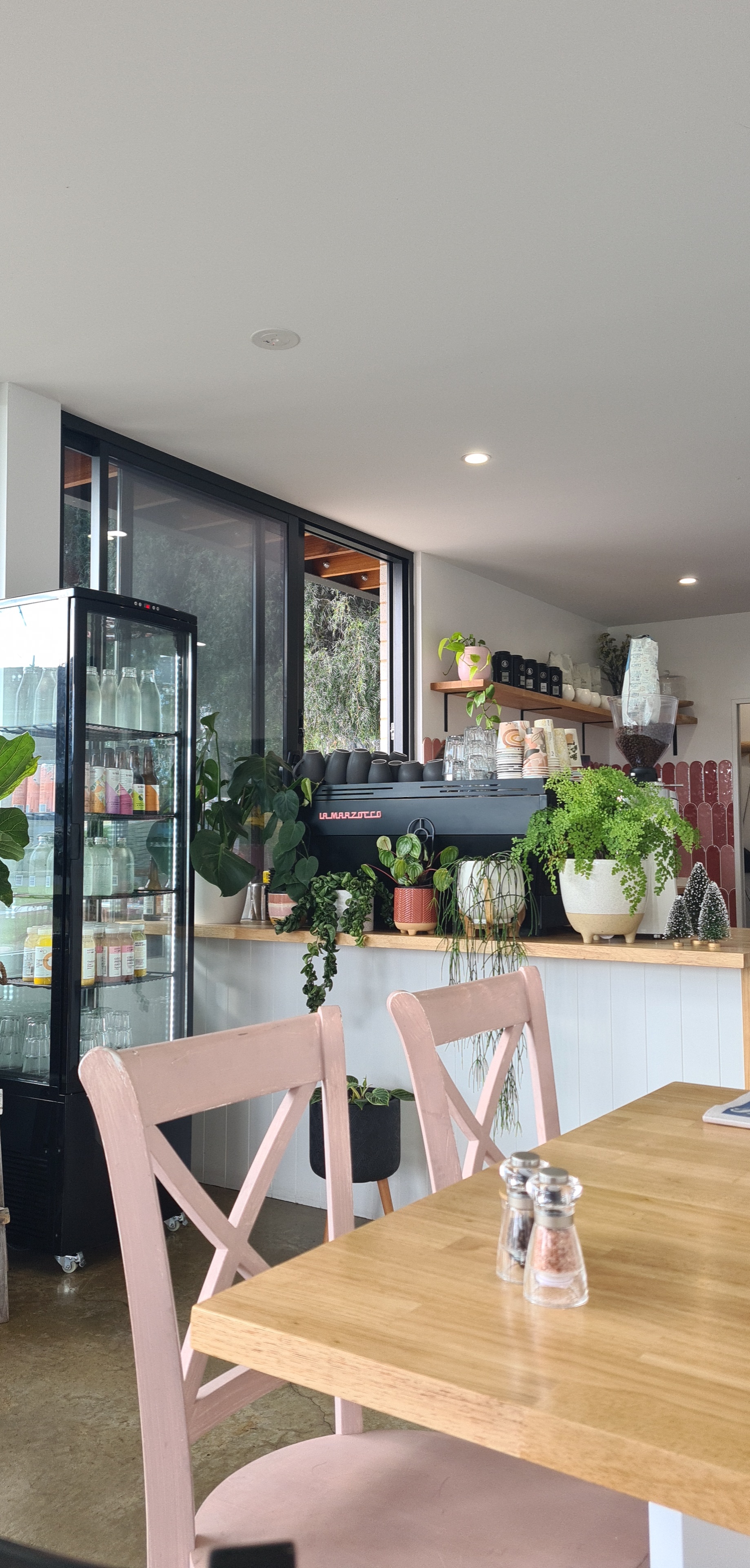 Inside the cafe: pink chairs, timber tables, the espresso machine and plants along the counter